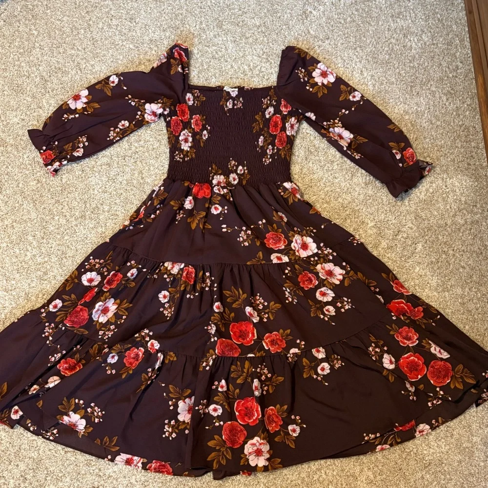 Brown Floral midi Dress - Picture 1 of 3